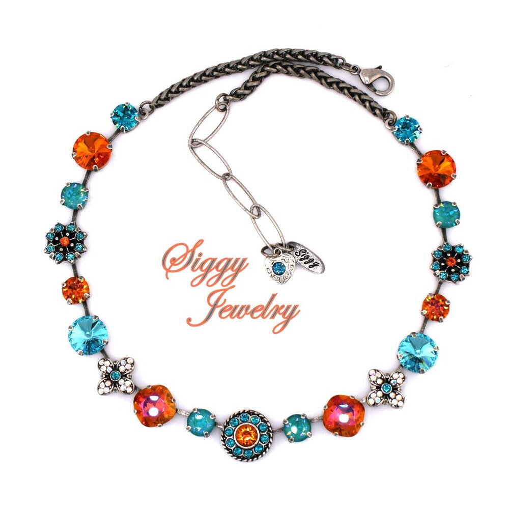 Fiamma Vita Austrian Crystal Flower Necklace Orange and Teal, Antique silver